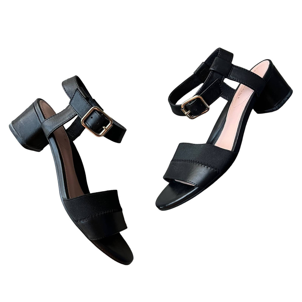 Taryn Rose Makena Low Block Heel Ankle Strap Black Leather Sandals Size 5.5
